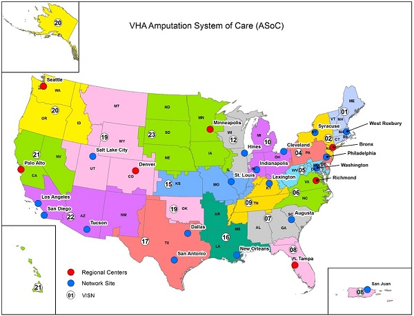 Map of the United States with location of Amputation System of Care Regional Amputation Centers (RACs), Polytrauma/Amputation Network Sites (PANs), Amputation Clinic Teams (ACTs), Amputation Point of Contact (APOCs)